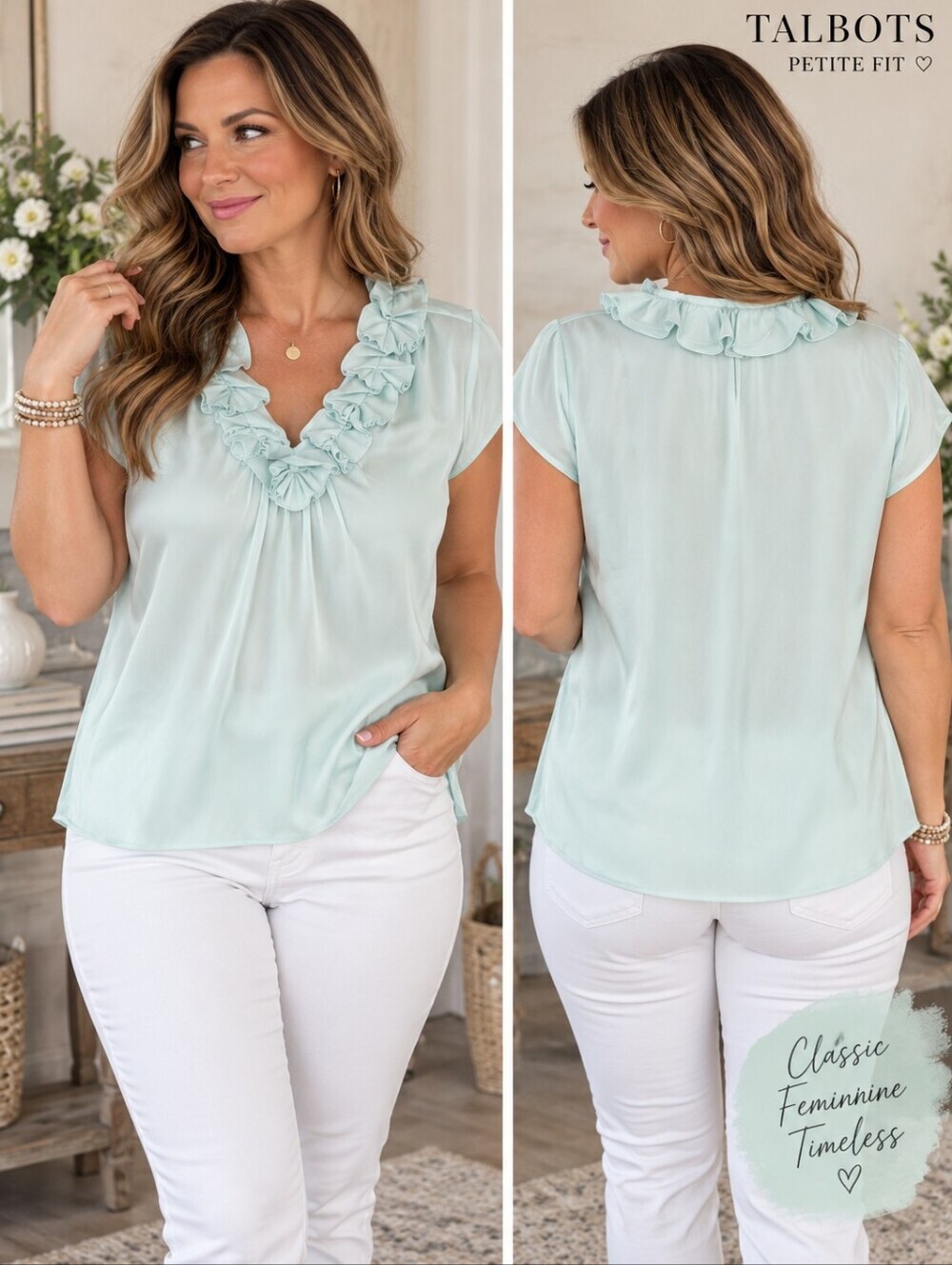 Talbots Mint Color Silk Blend Short Sleeve Ruffle Neckline Blouse 16 Petite EUC